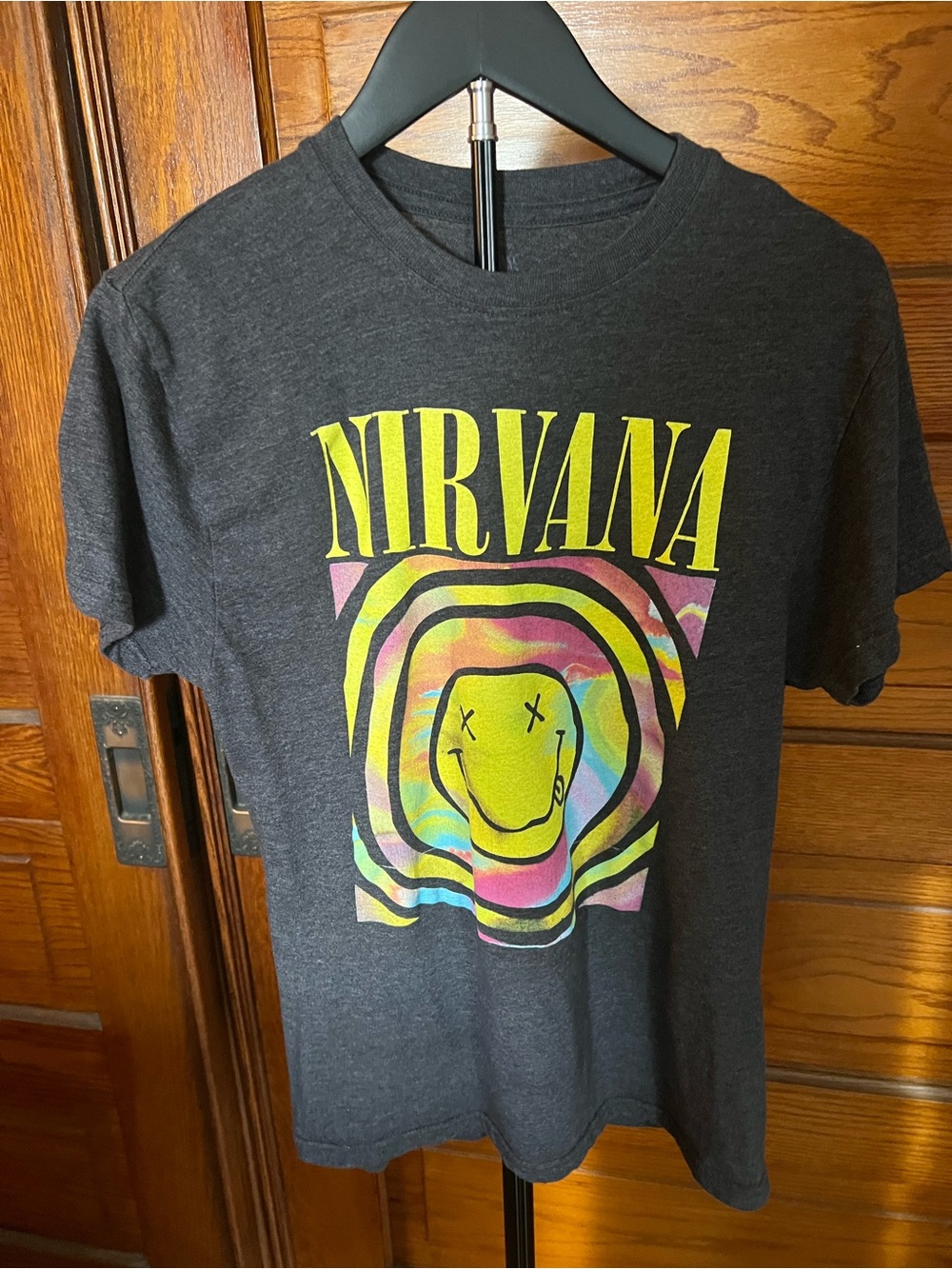 Nirvana Women’s Logo' Black Graphic Tee with Neon Smiley Band Shirt